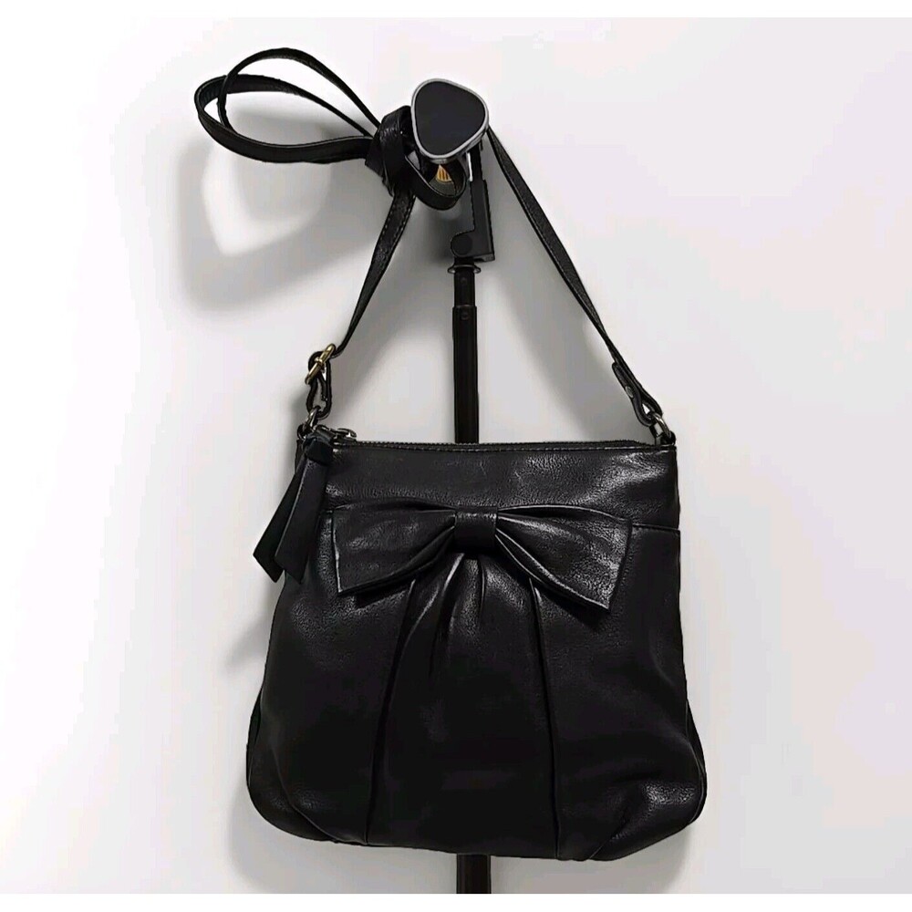 Isabella Fiore Black Leather Crossbody Bow Purse Black Soft Size Small